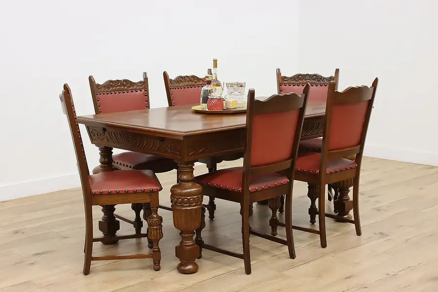 Main image of Tudor Antique Oak Dining Set w/ Table & 6 Chairs, 2 Leaves