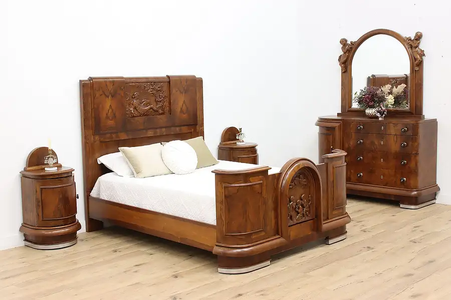 Main image of Art Deco Vintage Walnut 4 pc Queen Size Bedroom Set, Cherubs