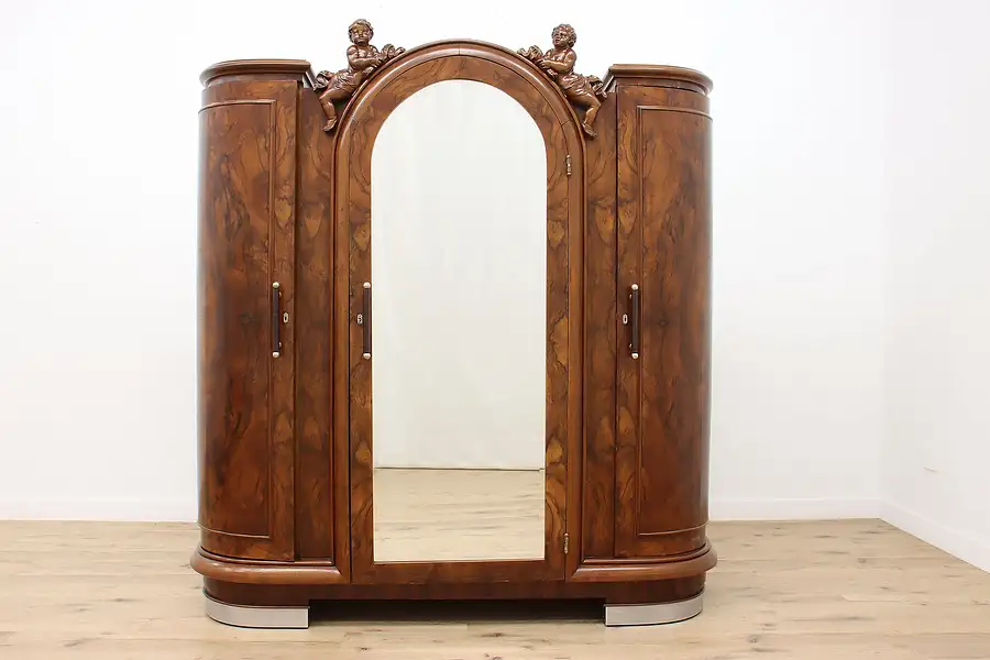 Main image of Italian Art Deco Vintage Walnut Armoire or Wardrobe, Cherubs