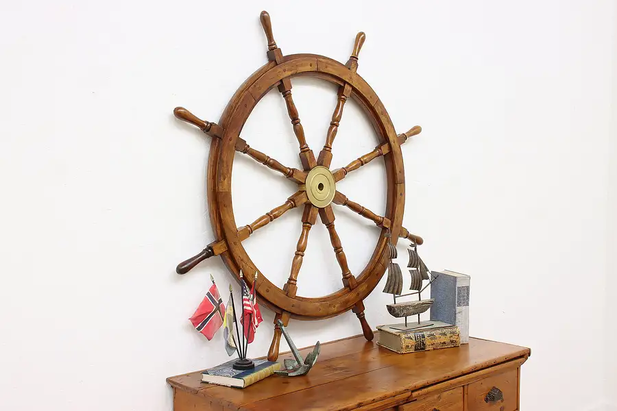 Main image of Farmhouse Vintage Walnut & Brass Salvage Captain Ship Wheel