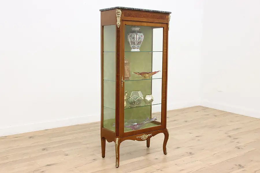 Main image of French Antique Mahogany & Marble Top Curio Display Cabinet