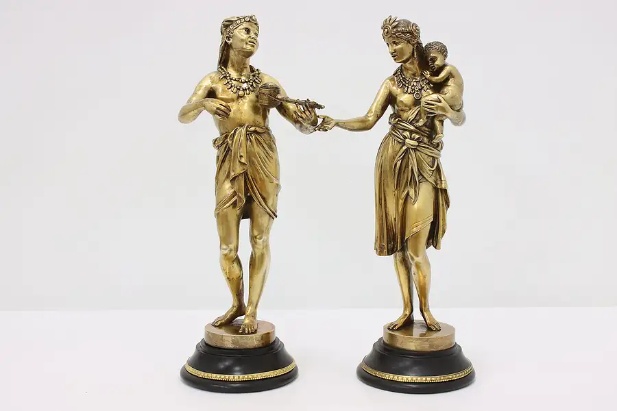 Main image of Pair of Antique Gilt Bronze Native American Couple Statues