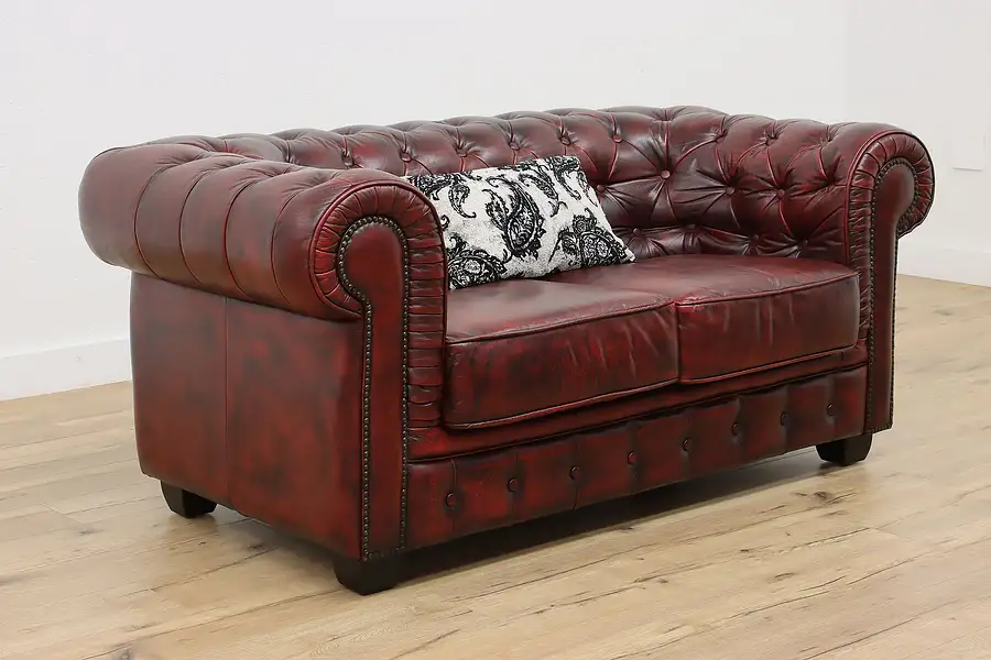 Main image of Chesterfield Tufted Red Leather Vintage Loveseat Small Sofa