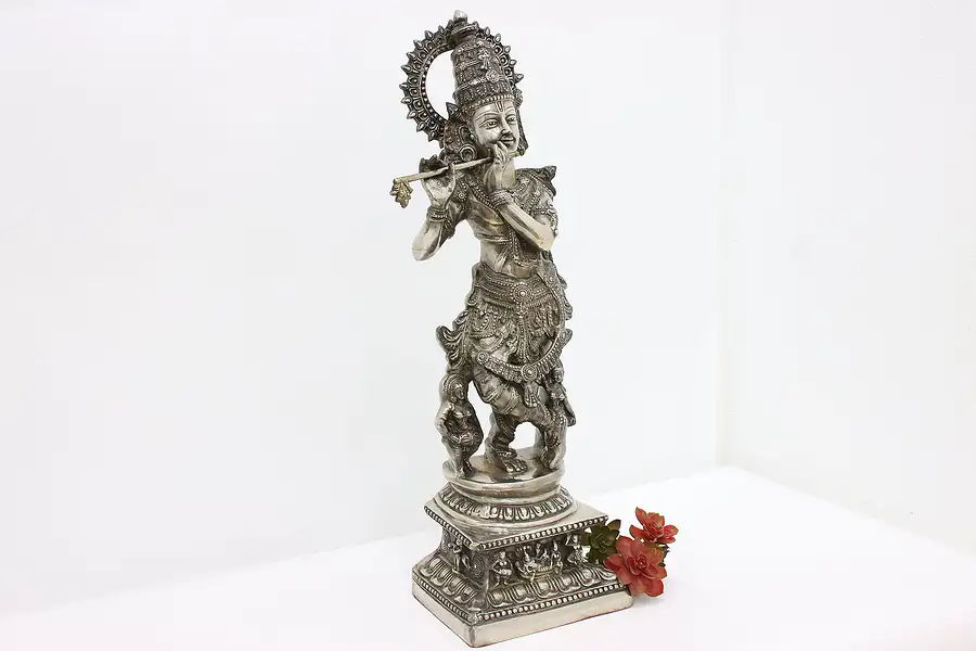 Main image of Indian God Krishna Vintage Nickel-Plated Brass Sculpture