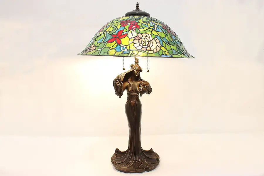 Main image of Art Nouveau Vintage Woman Sculpture Lamp Stained Glass Shade