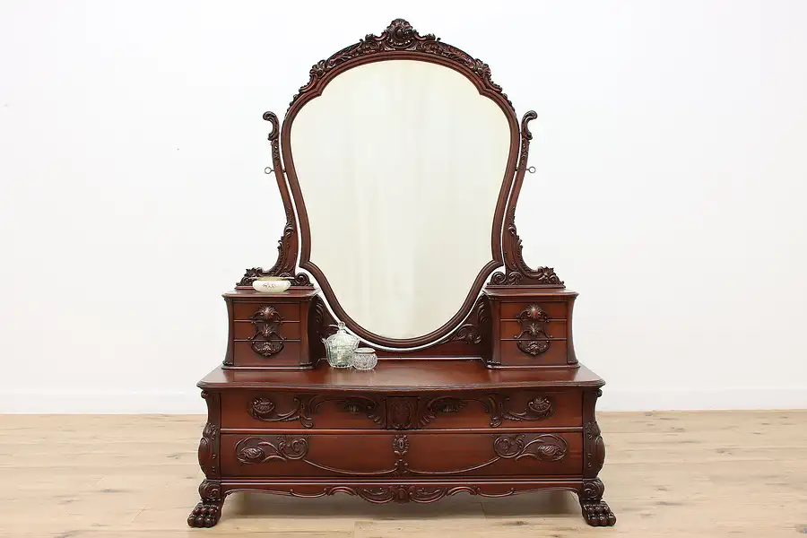 Main image of Victorian Antique Carved Mahogany Dresser or Vanity, Mirror