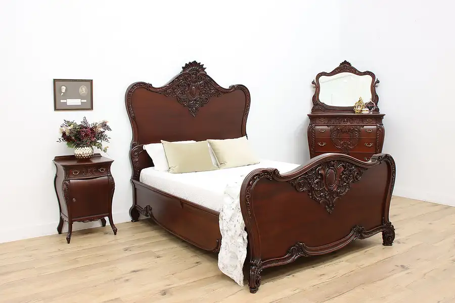 Main image of Victorian Antique Carved Mahogany 3 pc Bedroom Set Queen Bed