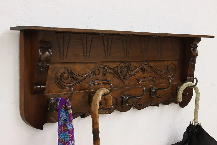 Main image of Victorian Antique Carved Oak Wall Coat Rack & Shelf, Lions