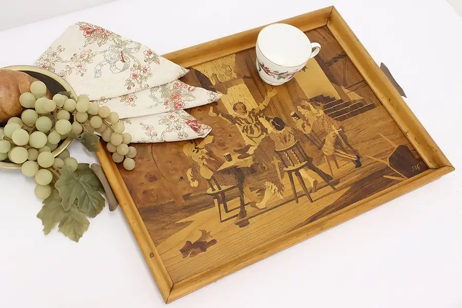 Main image of German Vintage Marquetry Serving Tray, Tavern Scene, B&G