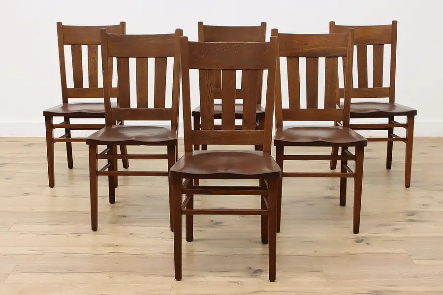 Main image of Set of 6 Arts & Crafts Antique Solid Elm Dining Chairs Signed