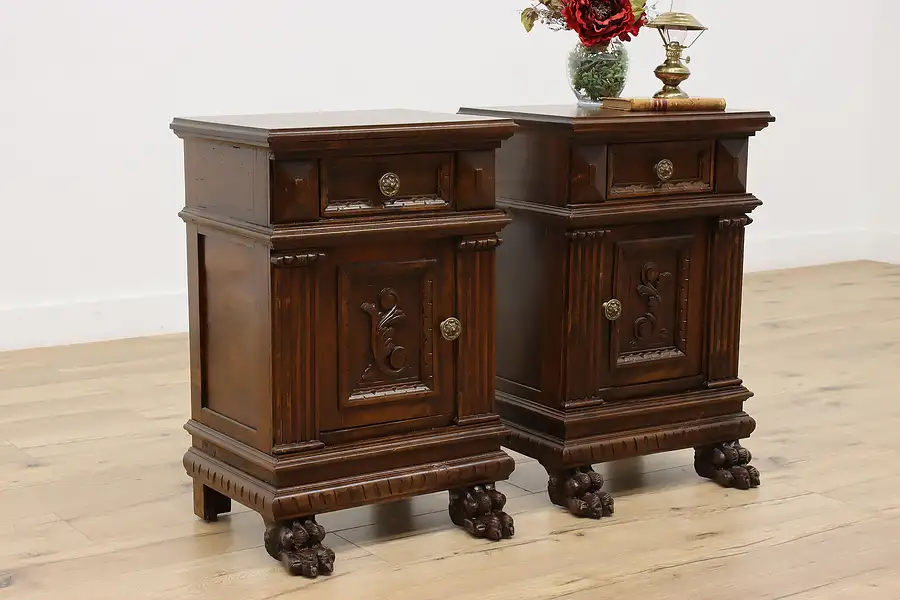 Main image of Pair of Renaissance Antique Carved Walnut Italian Nightstands