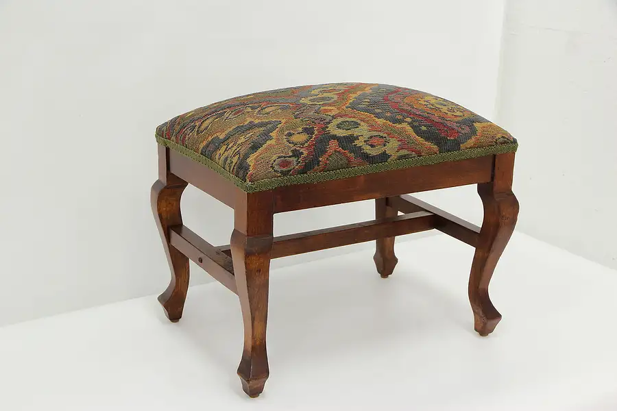 Main image of Traditional Vintage Solid Birch Footstool, New Upholstery