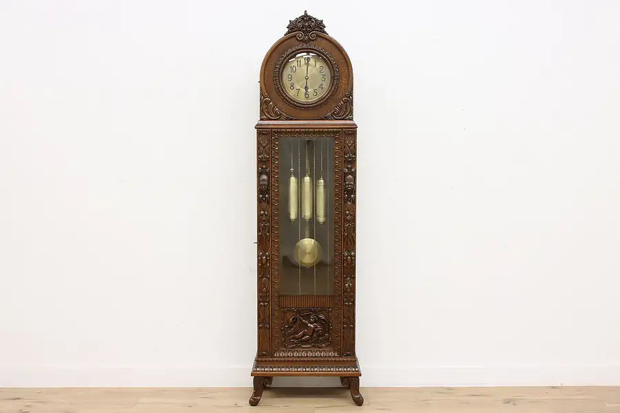 Main image of Carved Oak Antique German Grandfather Tall Case Clock Angels