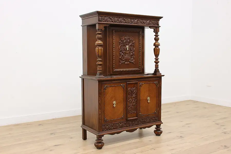 Main image of Tudor Design Antique Carved Oak China Bar Cabinet, Flowers