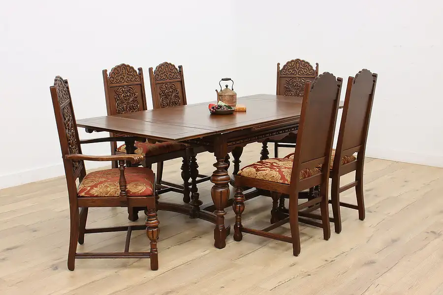 Main image of Tudor Design Antique Carved Oak Dining Set, Table & 6 Chairs