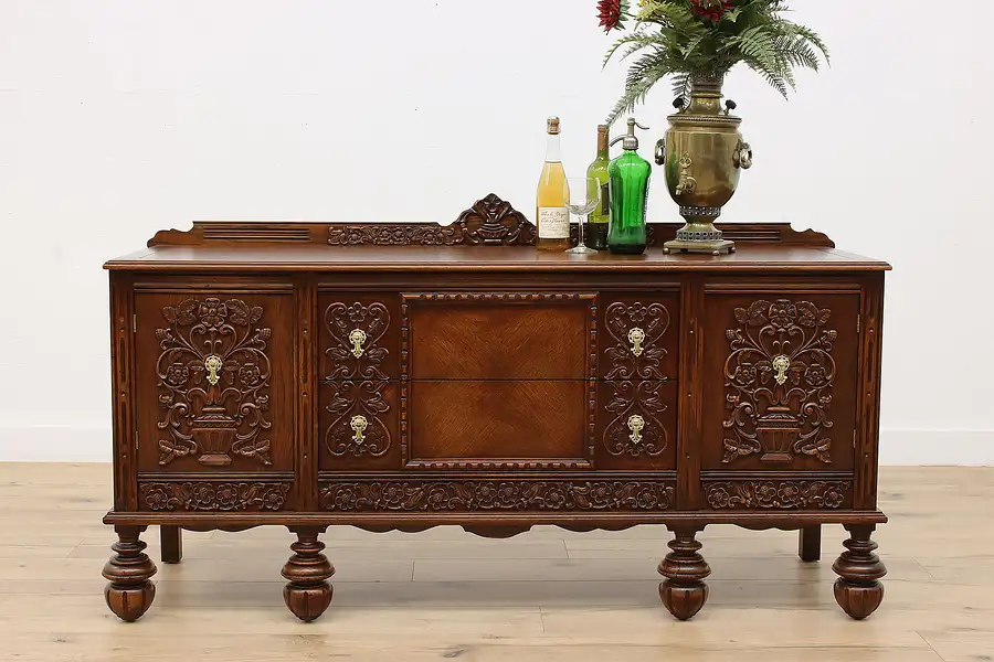 Main image of Tudor Design Antique Carved Oak Sideboard Buffet, TV Console