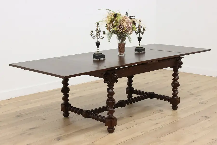 Main image of Renaissance Design Antique Carved Oak Dining Table, 2 Leaves