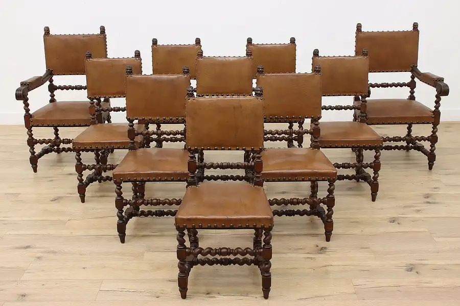 Main image of Set of 10 Antique Oak & Leather Italian Dining Chairs, Lions