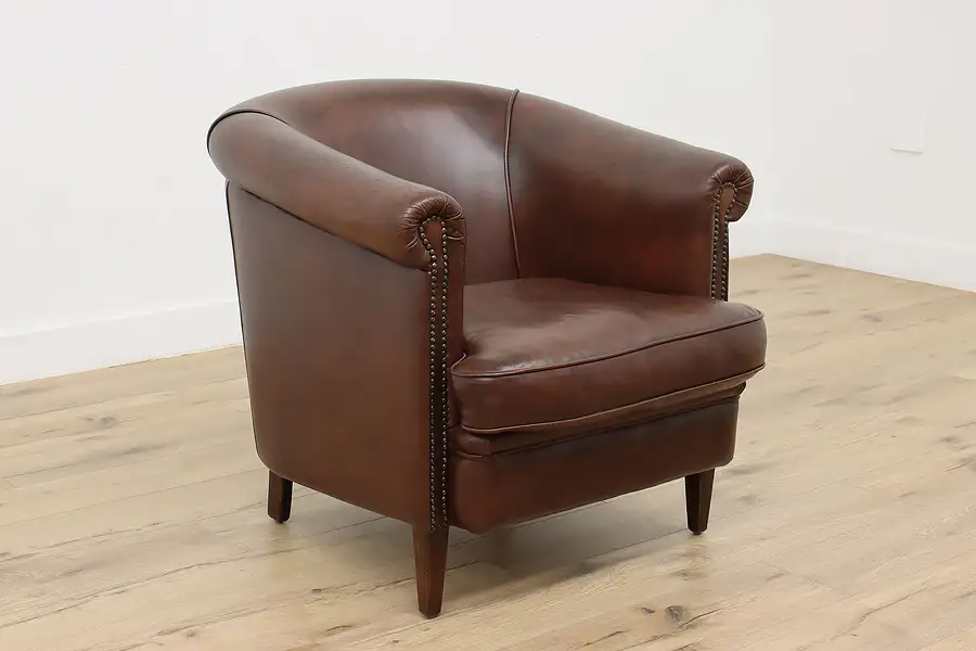 Main image of European Vintage Leather Club or Office Chair, Nailhead Trim