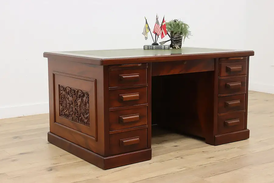 Main image of Carved Mahogany Antique Office Library Desk Leather Top