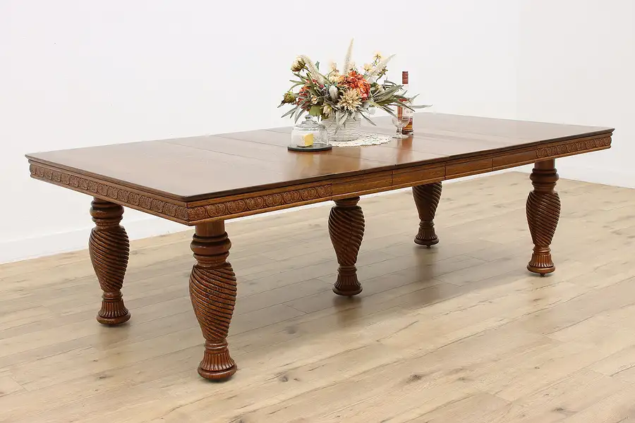 Main image of Victorian Farmhouse Antique Oak Square Dining Table 4 Leaves