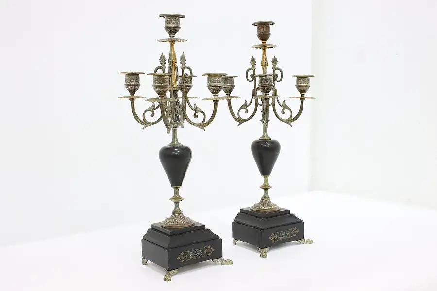 Main image of Pair of French Antique Brass & Marble 5 Arm Candelabra