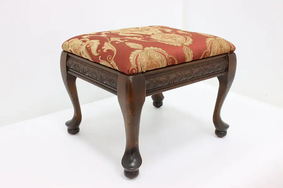 Main image of Traditional Antique Carved Walnut Footstool, New Upholstery