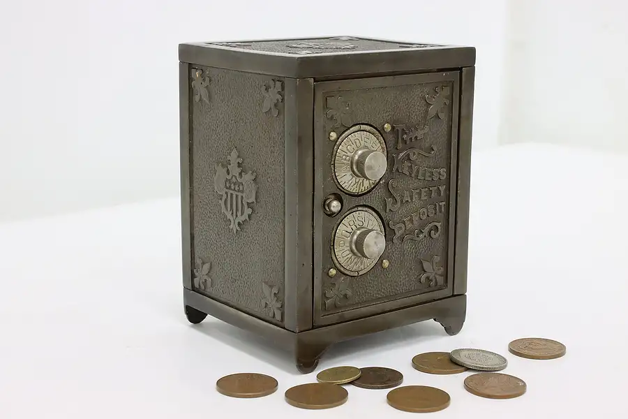 Main image of Victorian Cast Iron Antique Combination Safe Coin Bank Signed