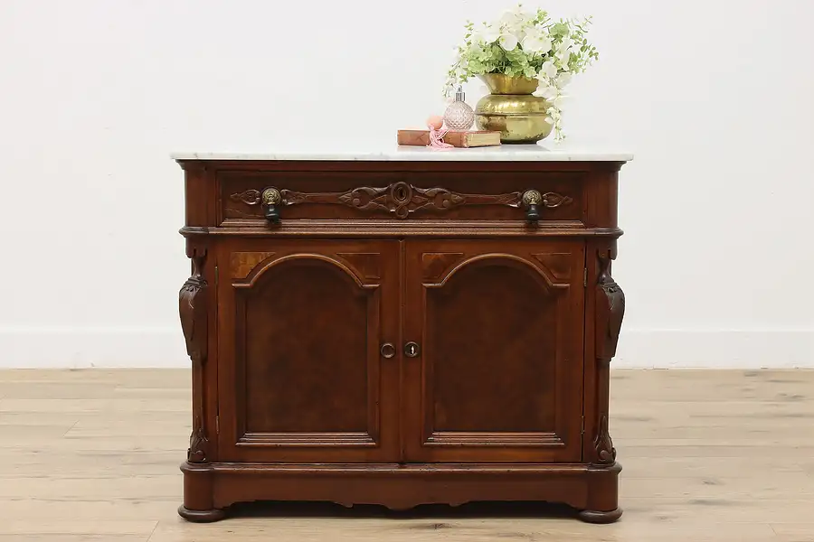 Main image of Victorian Renaissance Antique Walnut Bar, Nightstand, Marble