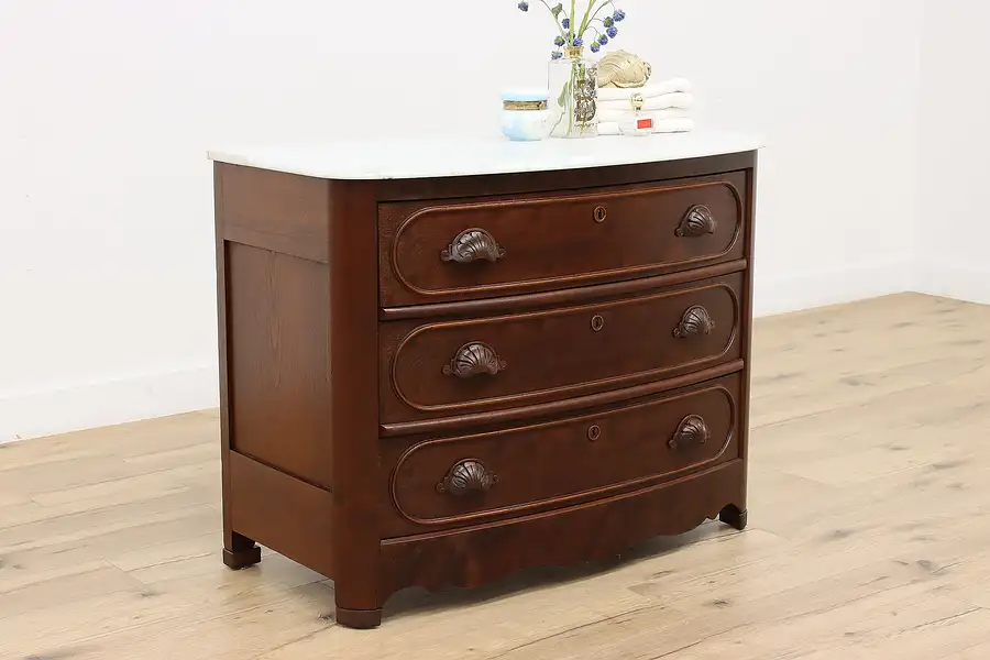 Main image of Victorian Antique Walnut & Marble Bowfront Dresser or Chest