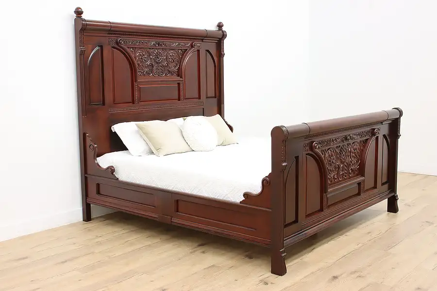 Main image of Victorian Antique Carved Mahogany King Size Bed, Flowers