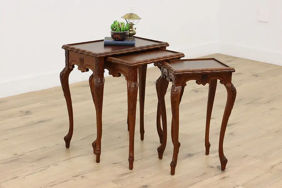 Main image of Set of 3 Vintage Carved Inlaid Walnut Nesting Snack Tables