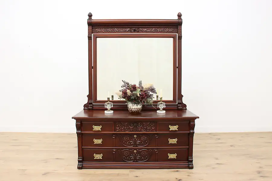 Main image of Victorian Antique Carved Mahogany Dresser, Beveled Mirror