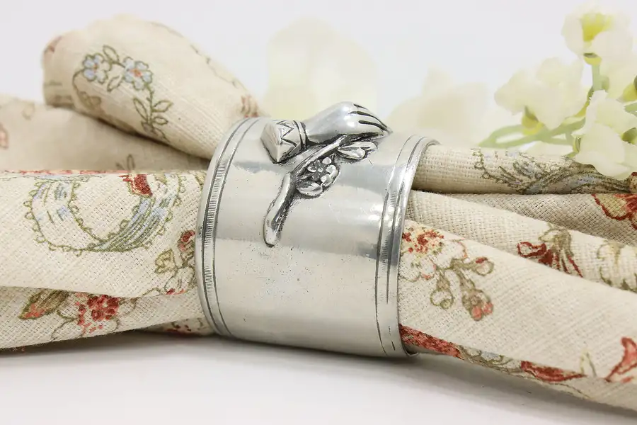 Main image of Victorian Antique Silverplate Napkin Ring, Hand w/ Flowers