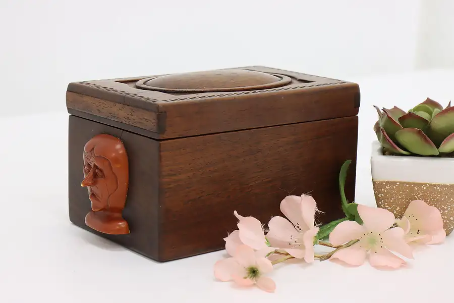 Main image of Artisan Hand Carved Rosewood Box, Bali, Faces