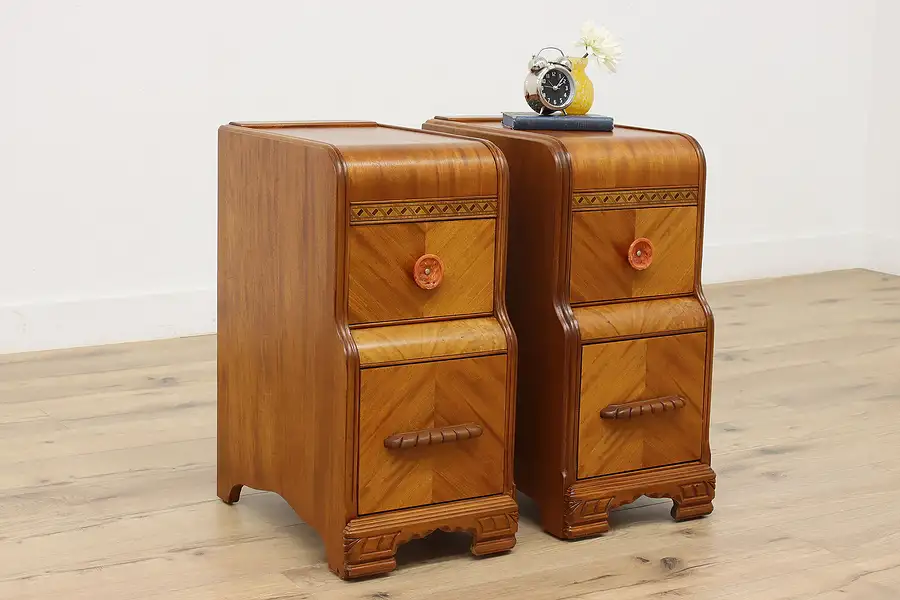 Main image of Pair of Art Deco Vintage Waterfall Nightstands or End Tables