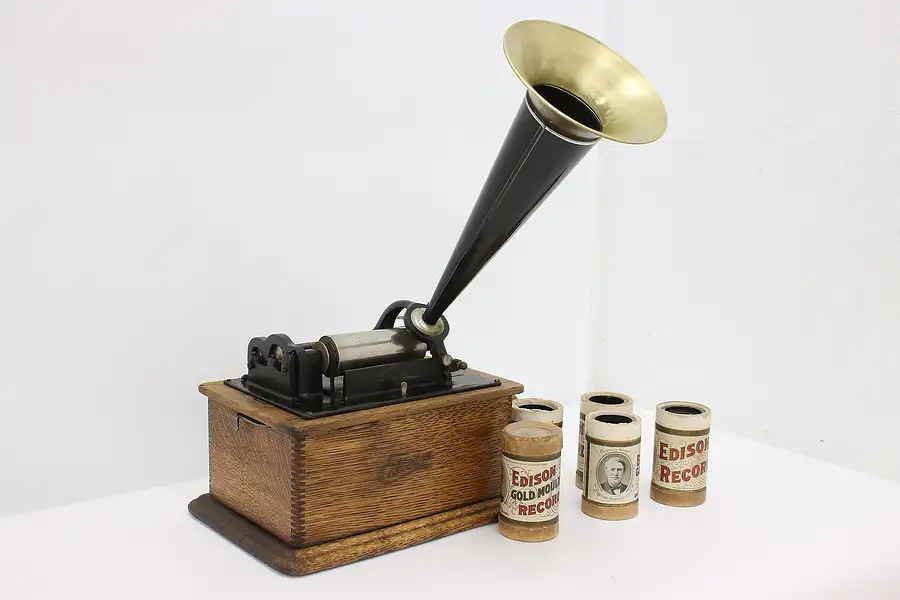 Main image of Edison Antique Oak Record Player Cylinder Phonograph & Horn