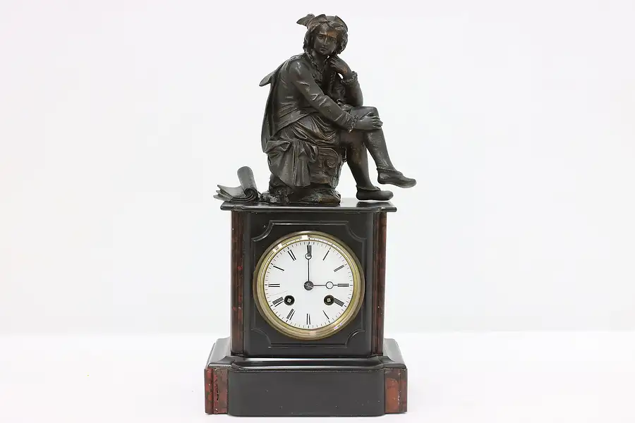 Main image of French Antique Marble Mantel Clock, Cavalier Sculpture