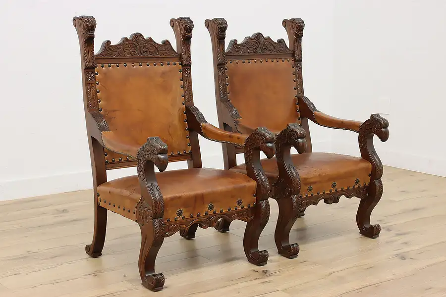 Main image of Pair of Antique Renaissance Leather Armchairs, Griffins