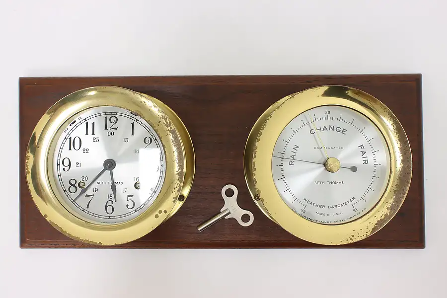 Main image of Industrial Vintage Brass Ship Clock & Barometer Seth Thomas