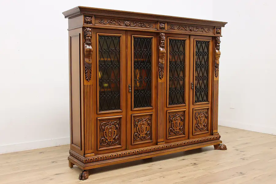 Main image of Renaissance Antique Office Library Bookcase, Carved Figures