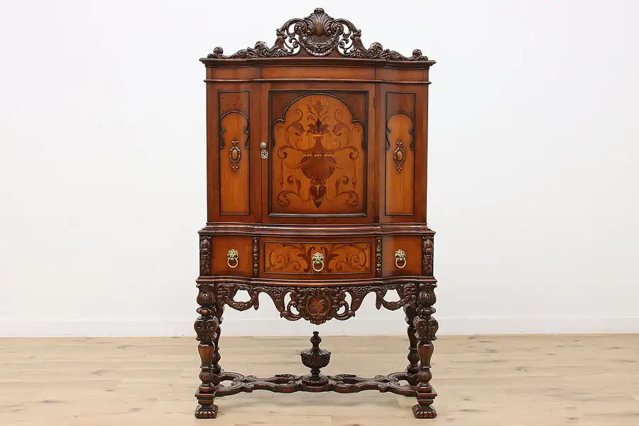 Main image of Renaissance Antique Carved China or Bar Cabinet, Marquetry