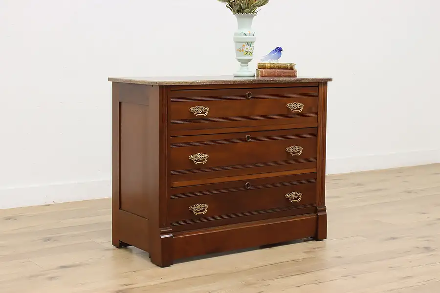 Main image of Victorian Eastlake Antique Carved Walnut Dresser, Marble Top