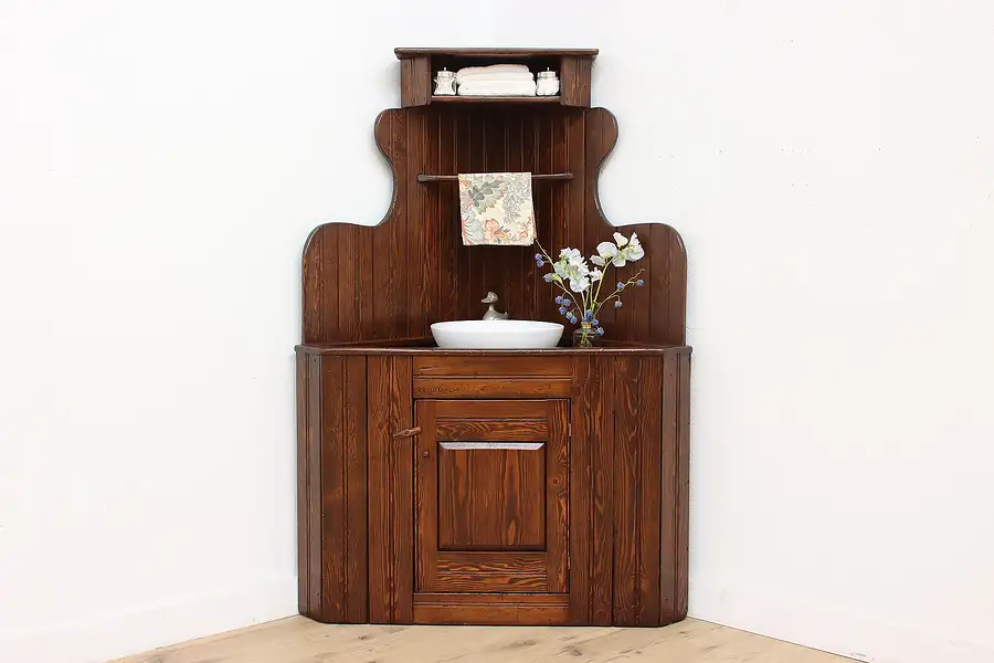 Main image of Farmhouse Antique Pine Country Dry Sink & Corner Cupboard