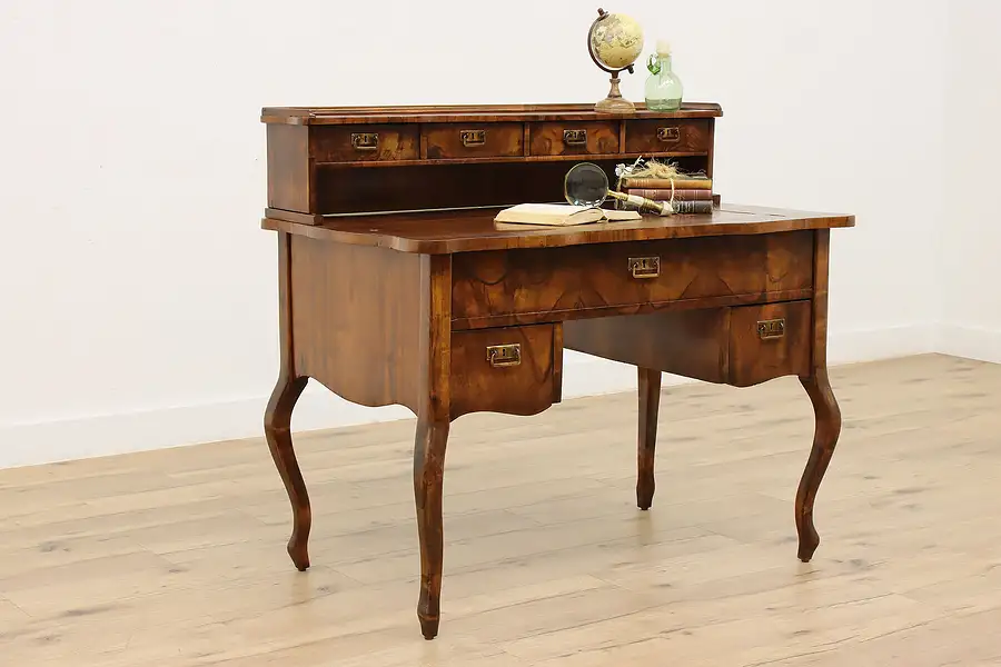 Main image of Italian Antique Olive Burl Office Library Desk, Leather Top