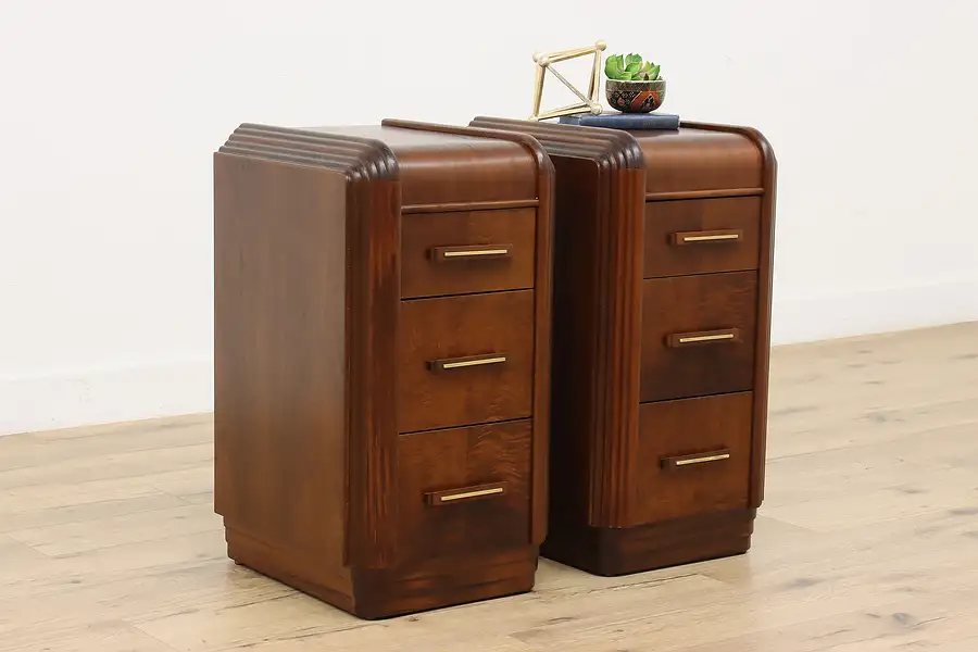 Main image of Art Deco Vintage Waterfall Walnut Nightstands or End Tables