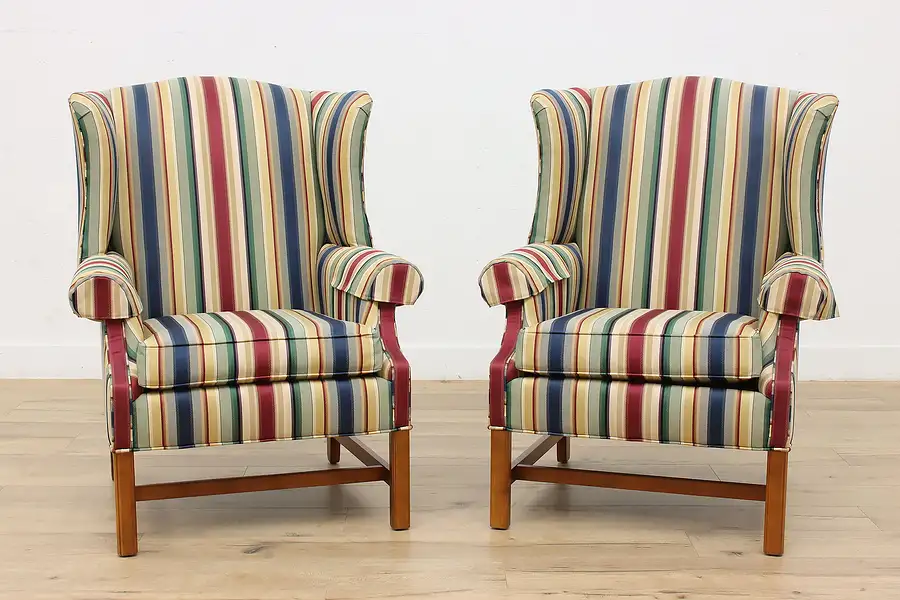 Main image of Pair of Ethan Allen Vintage Striped Library Wing Chairs