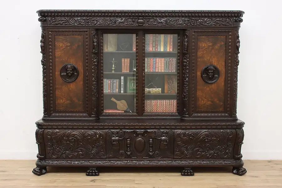 Main image of Renaissance Antique Oak Office Library Bookcase Carved Figures