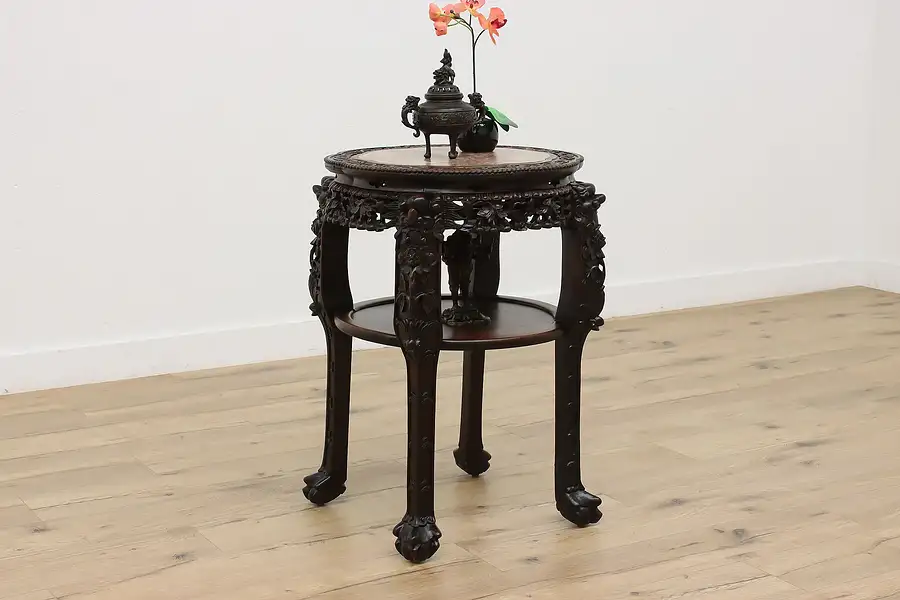 Main image of Chinese Antique Rosewood Pedestal Table, Marble, Foo Dogs