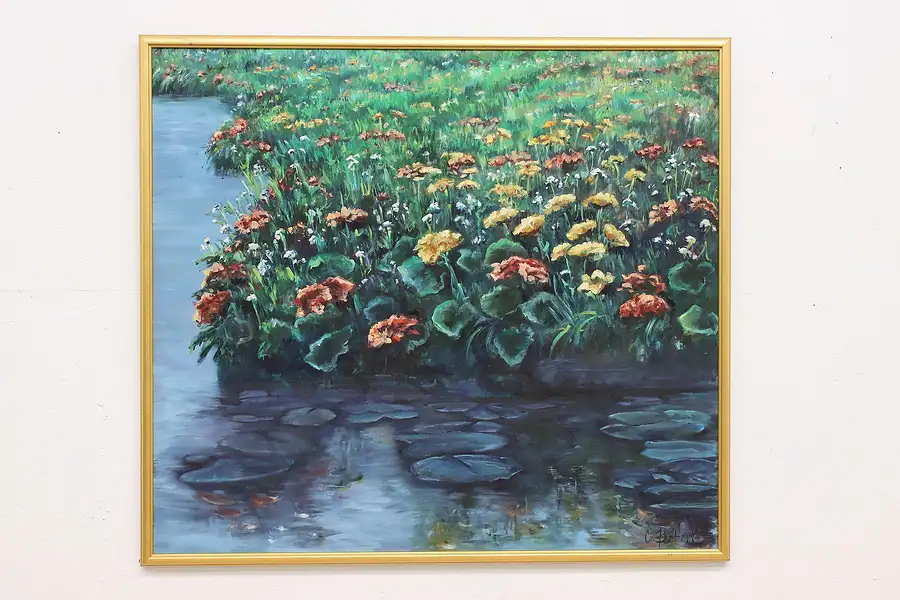 Main image of Flowers & Pond Vintage Original Oil Painting, Felton 56.5"